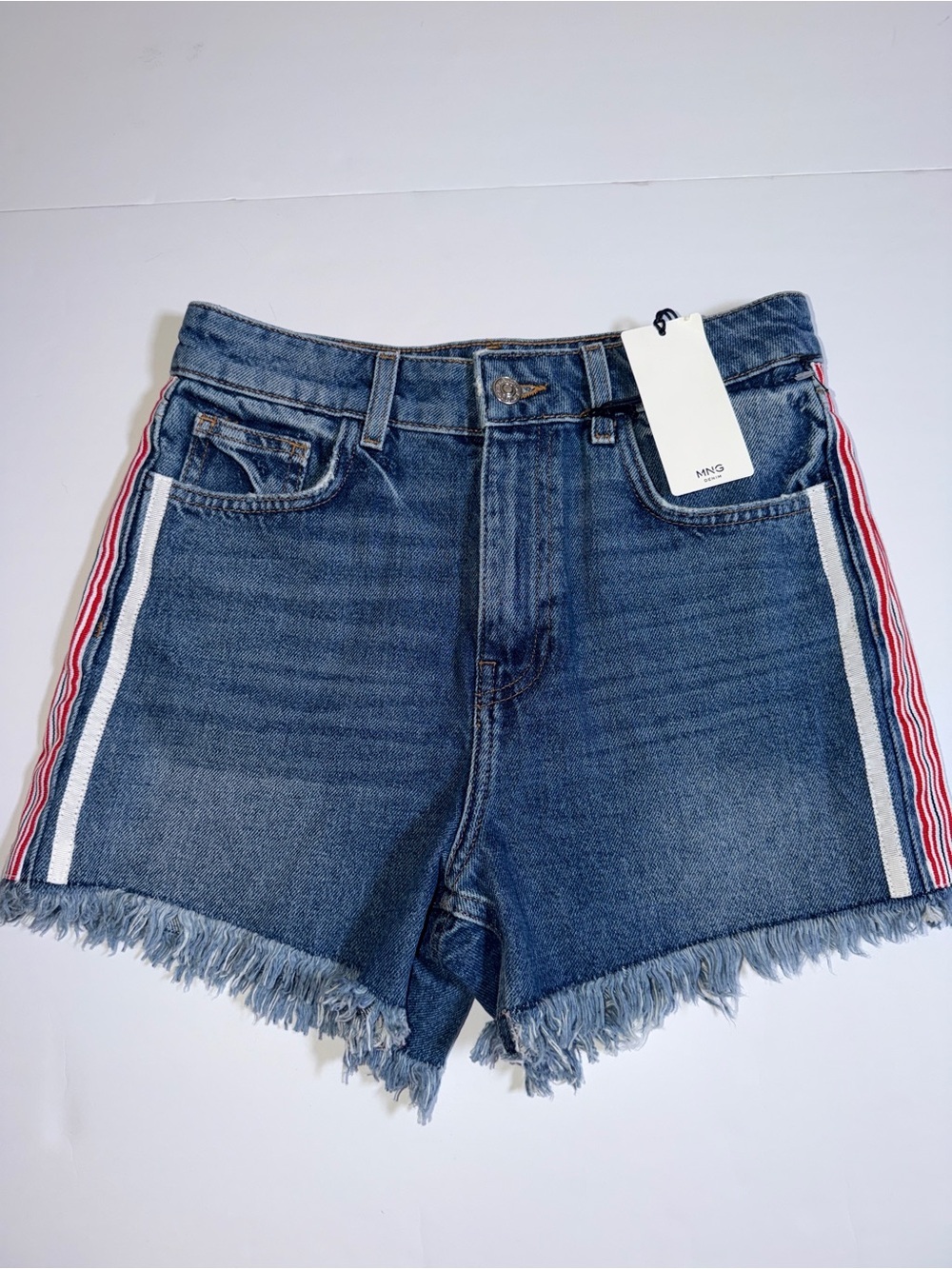 Mango Blue Denim High-Rise Shorts with Red & White Side Stripes